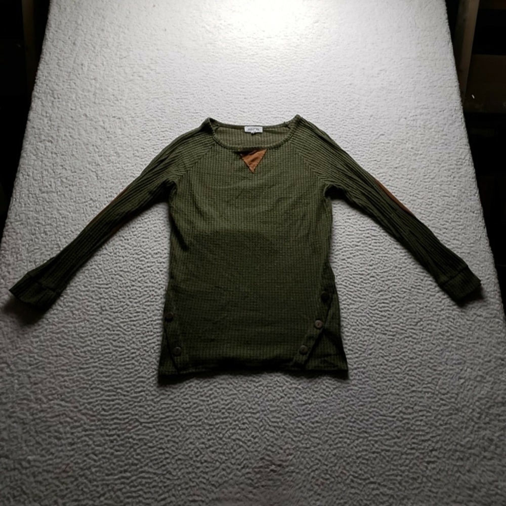 Hailey & Co. Shirt Womens M Green Scoop Neck Long Sleeve Elbow Patch Tunic Top